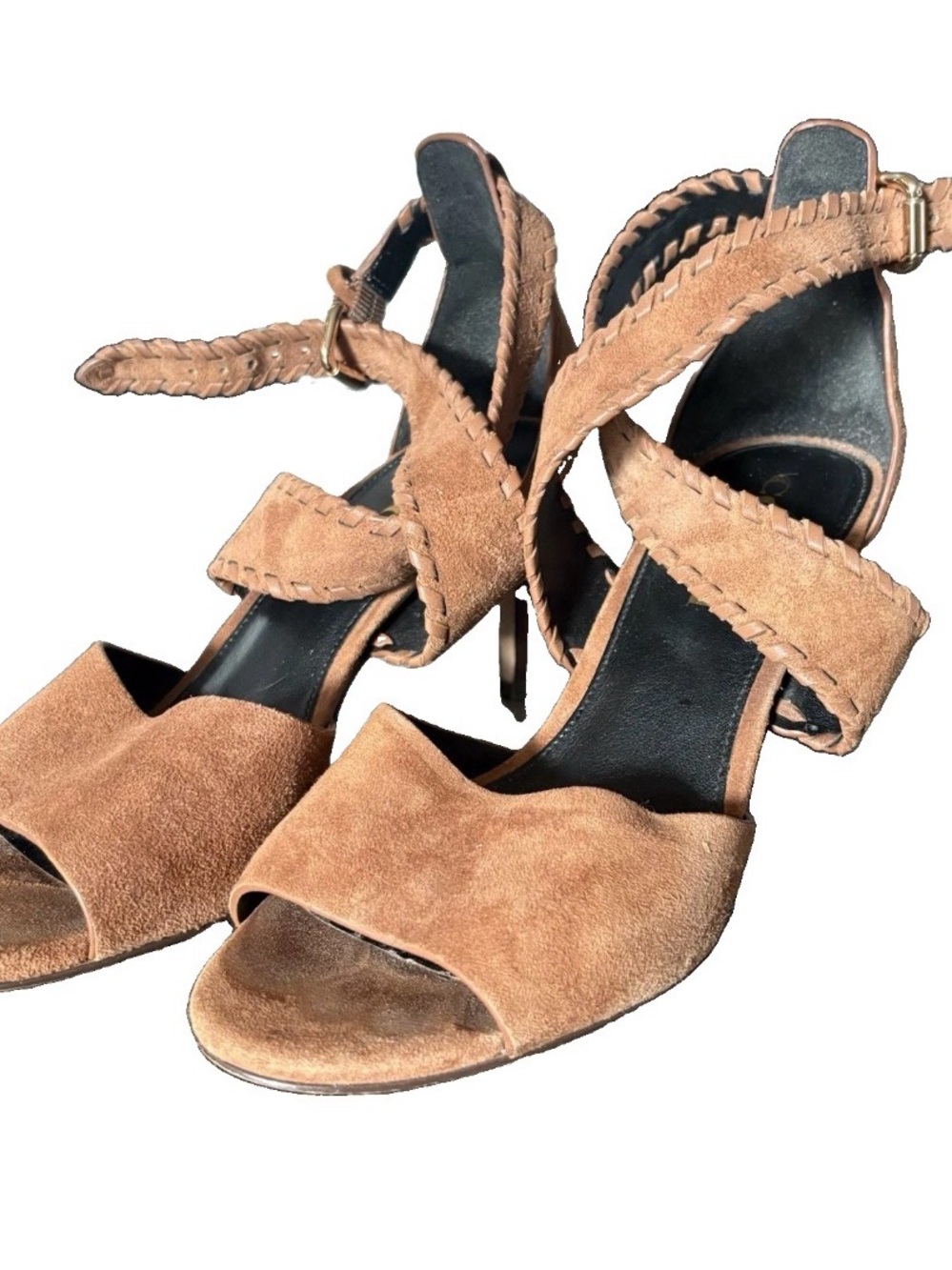 Coach Brown Suede Wide Ankle Peep Toe Strap 3.25” Stiletto Heel Sandals - Sz 7M